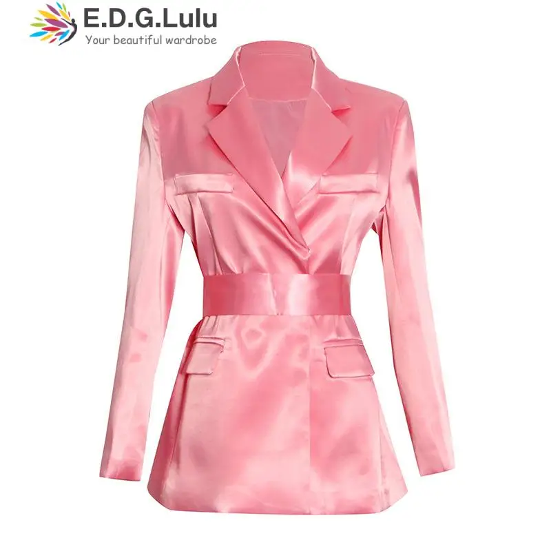 

EDGLuLu 2022 Autumn Blazers Coats Women Suit Turn-down Collar Long Sleeve Jacket Female Pink Blazers Windbreaker Coat 0117