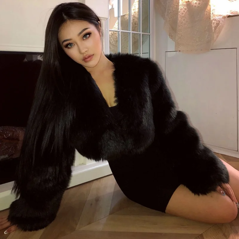 Autumn Winter Faux Fur Coat Women Fashion Solid Cardigan V-neck Short Plush Coat Women's Casual Long Sleeve Thick Warm Fur Coat