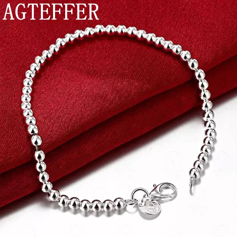 

AGTEFFER New 925 Sterling Silver Bracelet 4mm Round Ball Beads Bracelet For Woman Girls Lover Jewelry Gift