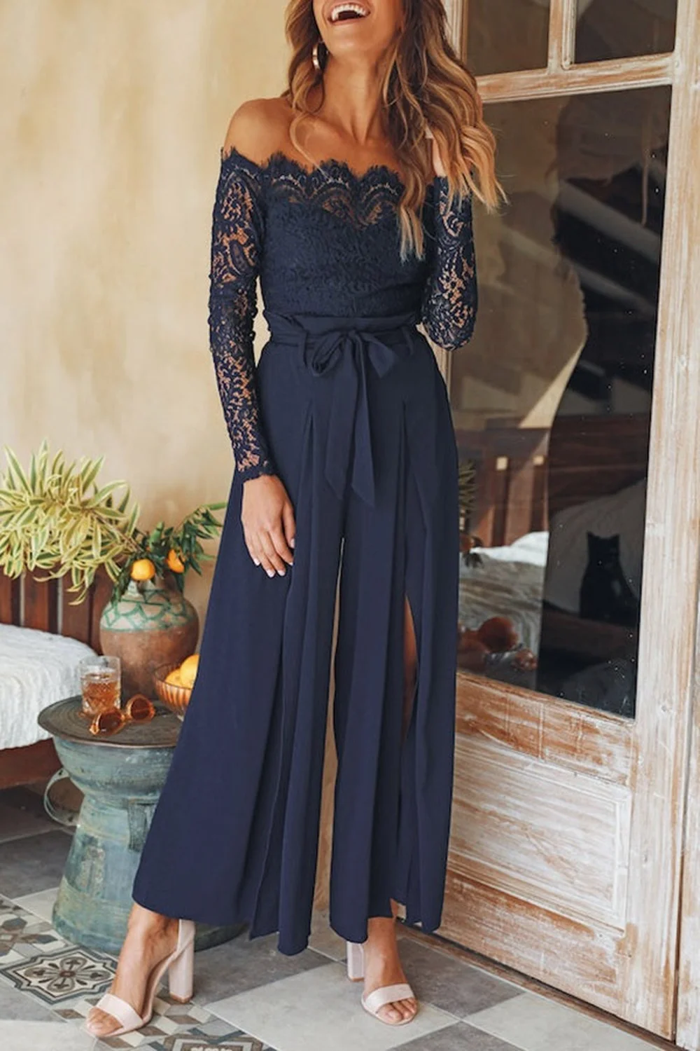 Sexy Lace Jumpsuit Women One Shoulder Perspective Long Sleeves One Piece Wide Leg Trousers Fashion High Split Female Jumpsuits