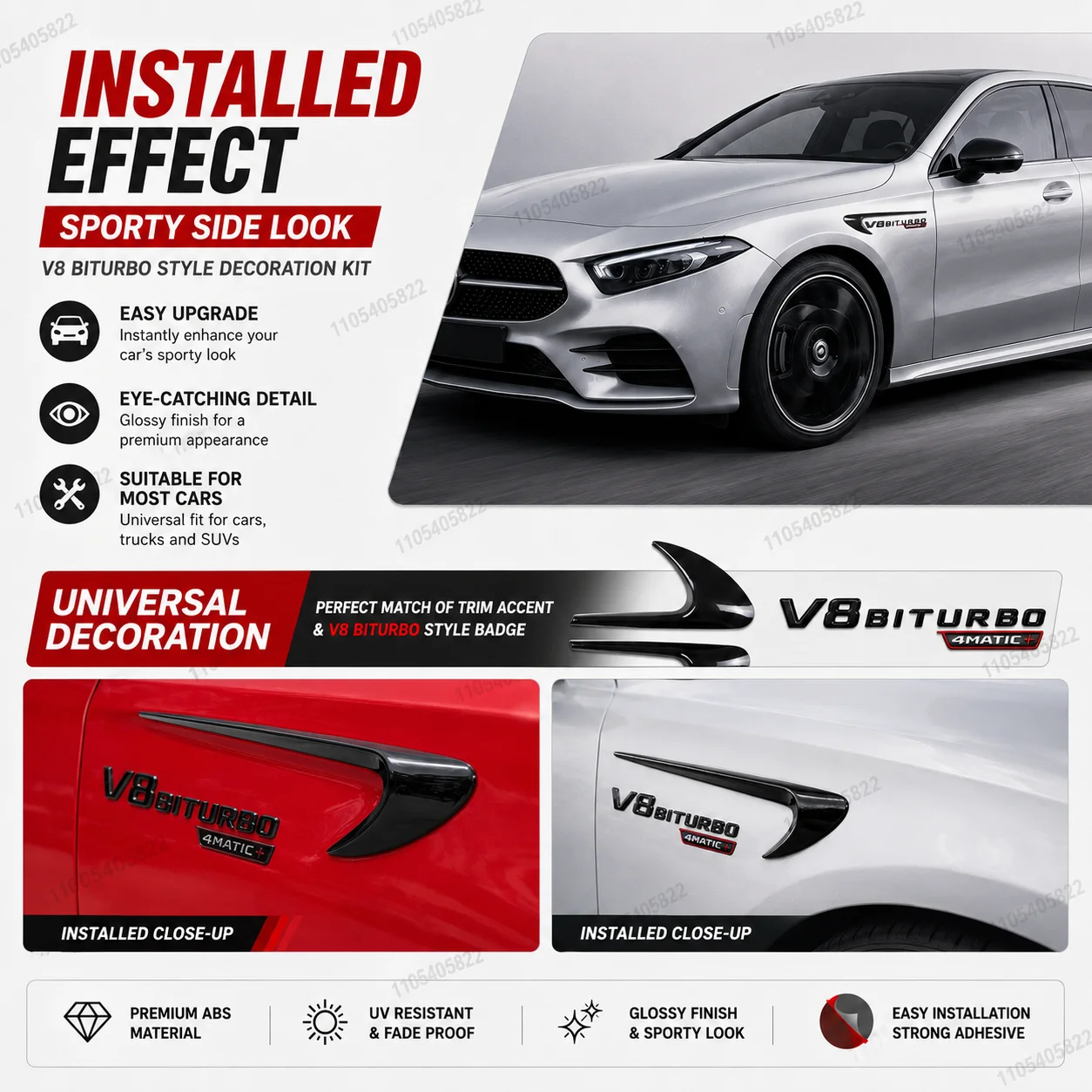 Фото Эмблема-значок V8 BITURBO 4MATIC+ на крыло для Mercedes-Benz AMG W117 W212 W213 W211 W204 W205 GLA GLC CLS, аксессуары №3