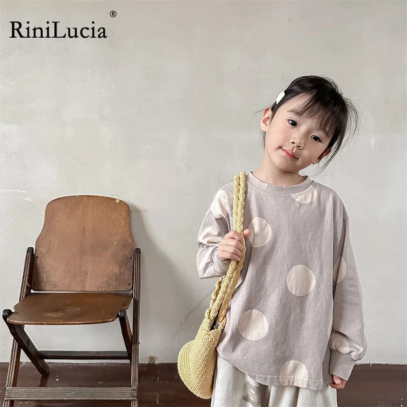 

RiniLucia 2023 Children's T-Shirt for Boys Girls long sleeve dot print Kids Shirts casual loose Toddler Tee Tops Summer Clothing
