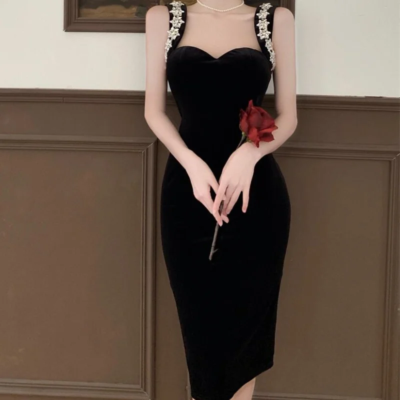 

Black Velvet Midi Dress Woman Sexy French Chic Mid-calf Party Dresses for Women Elegant Sleeveless Back Zipper Dropshipping