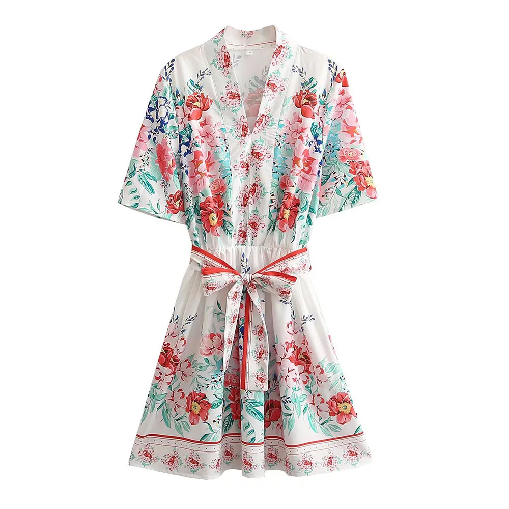 

ZATRHMBM 2022 Female clothing New Fashion positioning printing mini skirts V neck belt accessories casual women dresses