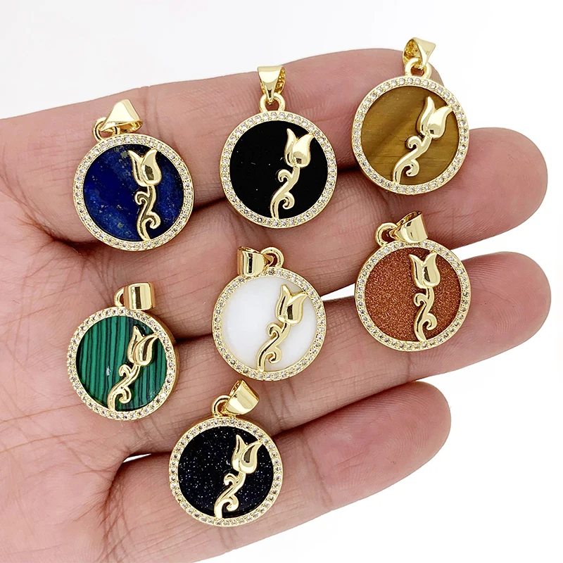 

Fashion Natural Stone Round Rose Necklace Pendant Charm Jewelry Inlaid Zircon DIY Making Accessories For Women