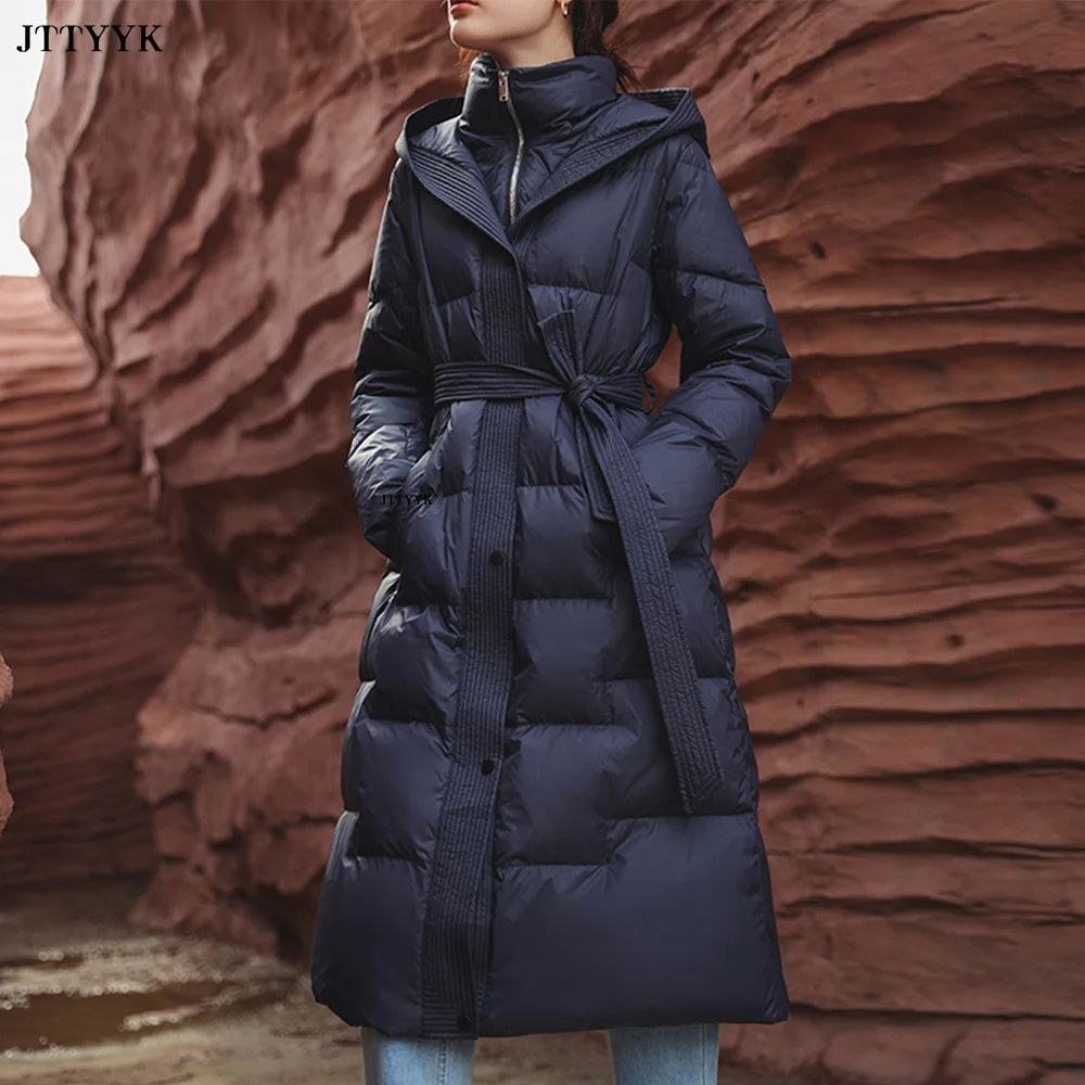 

Новинка Зимняя Толстая теплая длинная куртка-пуховик женское уличное пальто с капюшоном 90% на белом утином пуху приталенная верхняя одежда на молнии со шнуровкой для снега