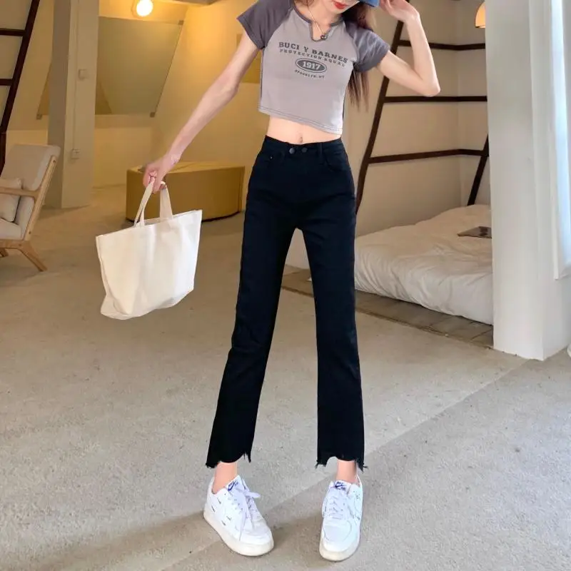 

DD1687 Straight leg jeans women's new small high waist slim fit and slim all-match nine-point pants jeans