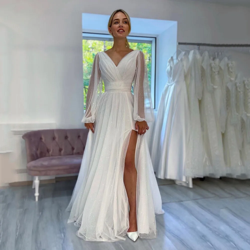 

Glitter Shiny 2023 Wedding Dresses For Women Long Sleeves Sexy V neck Wedding Gowns Side Split Customize To Measures Robe De Mar