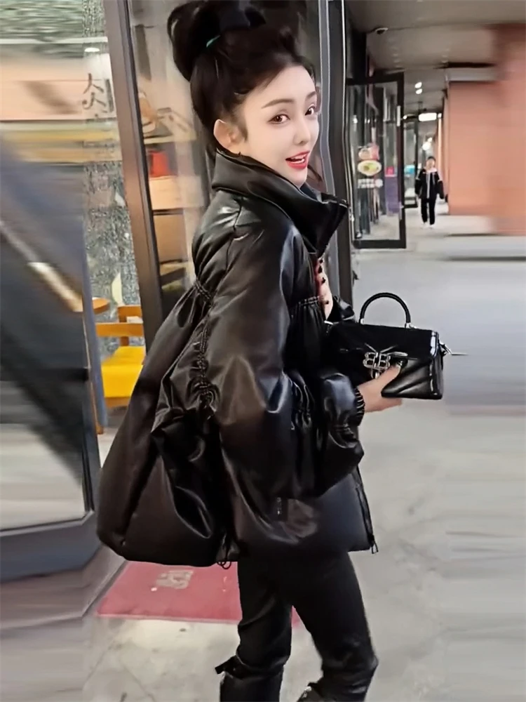 Высококачественное пальто из искусственной кожи кофейного цвета с хлопковой