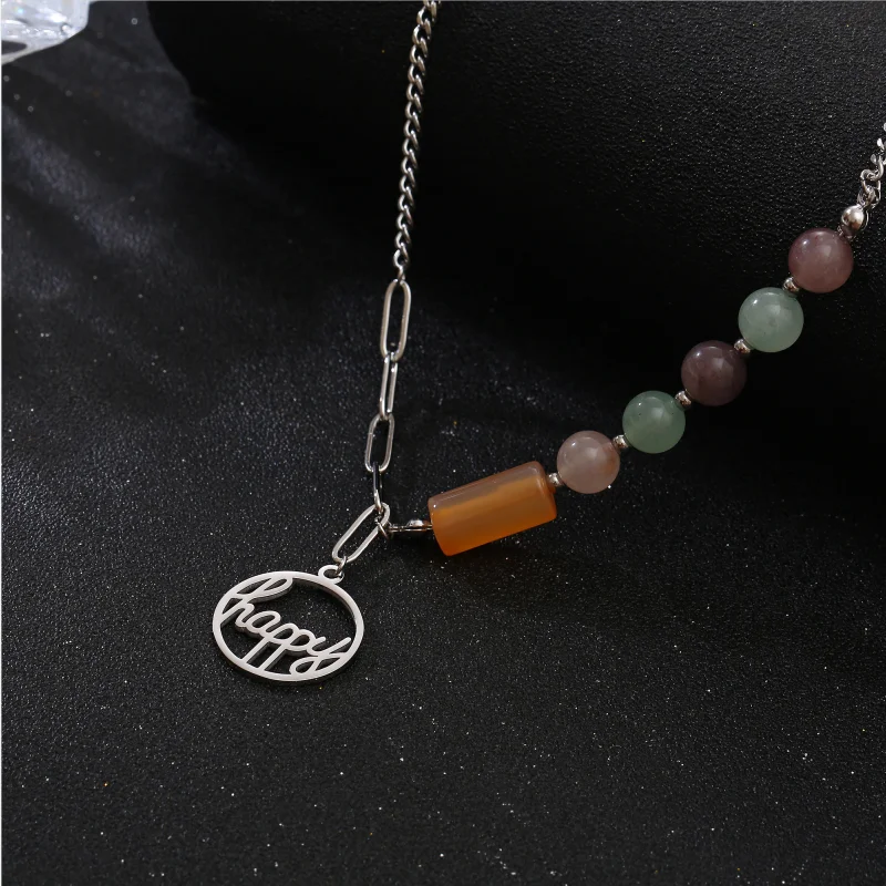 

Fashion Unisex Clavicle Chain Choker Jewelry Titanium Steel Tourmaline Colorful Irregular Beads Letter Round Pendant Necklace