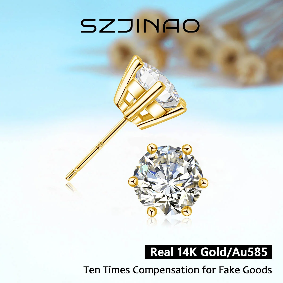 Серьги-гвоздики из золота 8 мм 2CT 14 карат с муассанитом VVS настоящие