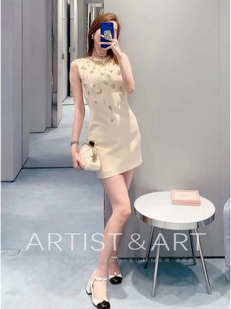

Provide label High Quality Summer Women Fashion Runway Designer Sleeveless Beading Crystal Solid Print Elegant Tank Dresses