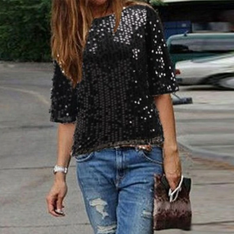 Женская футболка с блестками Повседневная Свободная Клубная коротким рукавом и