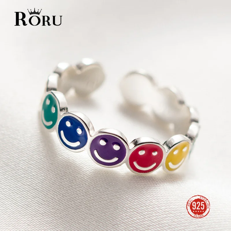 New Genuine 925 Sterling Silver Colorful Smiley Rings for Women Classic Luxury Open Adjustable Fine Party Jewelry Gift 2022