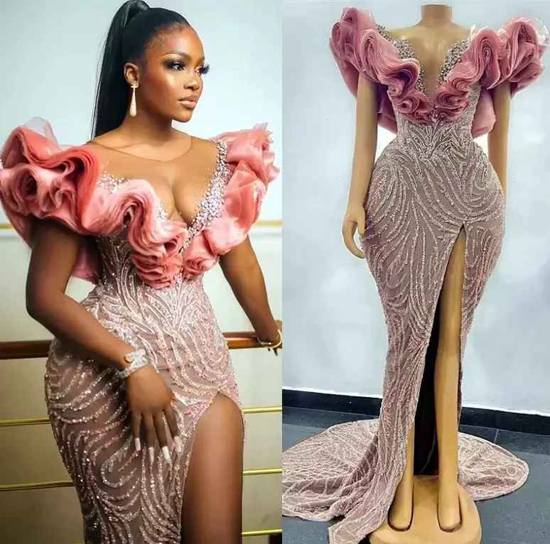 

Sexy Mermaid Prom Dress V Neck Off Shoulder Sleeveless Appliques Sequins Side Slit Sexy Evening Gowns Plus Size Vestido De Novia