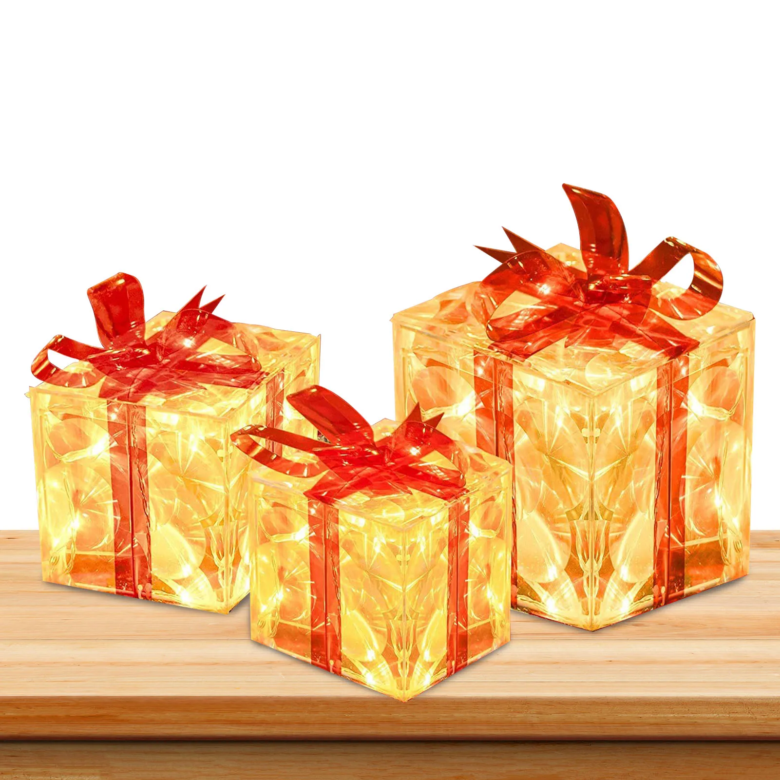

Рождественские световые подарочные коробки, набор из 3 светильник ственских подарочных коробок с красным бантом, световые подарочные короб...