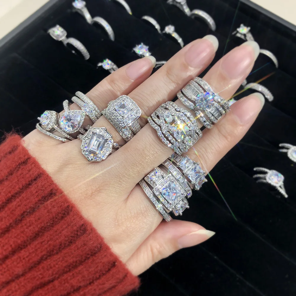 Luxury Zircon Ring Sets for Women Trend Silver Color Heart Proposal Promise Stacking Rings Love Gift Crystal Jewelry