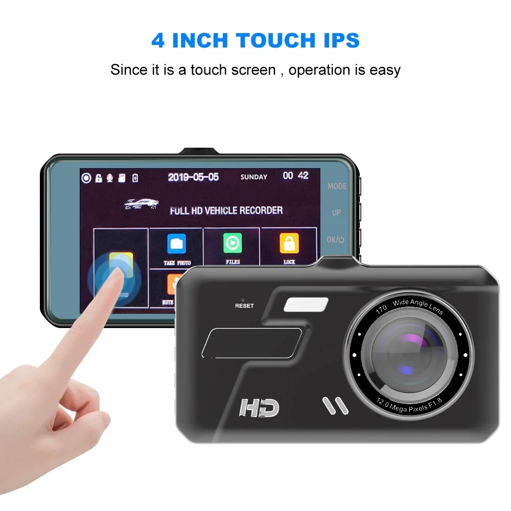 1080P Автомобильный видеорегистратор с двойным объективом 4 дюйма IPS фотокамера