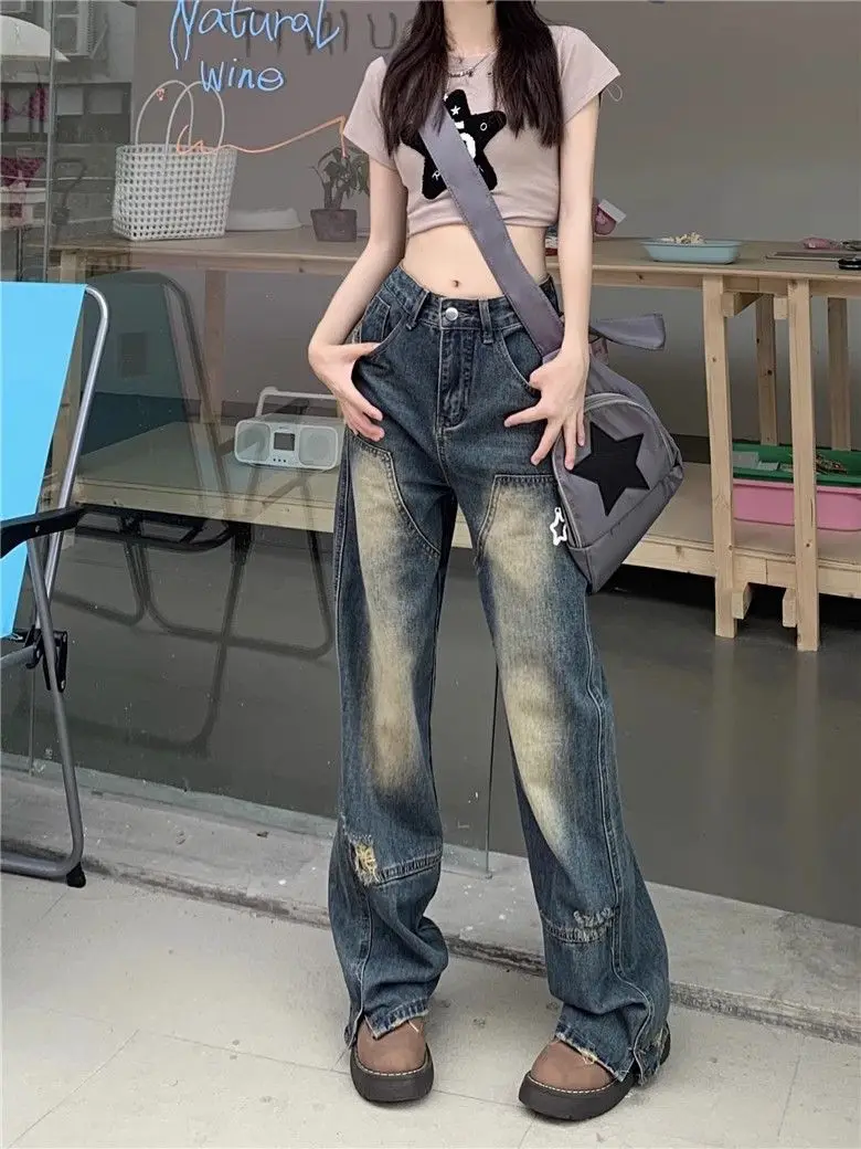 Vintage American High Street Design Straight Jeans Female Summer Broken Holes High Waist Loose Thin Wide-Legged Drag Pants