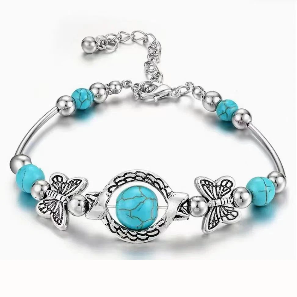 

Women Antique Silver Butterfly Charm Bracelet Natural Turquoise Stone Cuff Jewelry For Female Bohemian Beads Bangle