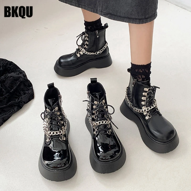 

Chunky 2022 New Autumn Women Ankle Boots Lace Up Platform Flats Female Chain Lolita Student Motorcycle Ladies Black Rivet Shoes