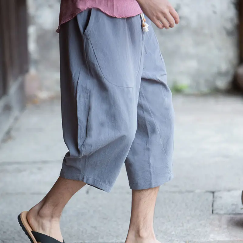

Свободные быстрое хлопчатобумажные льняные укороченные брюки с широкими штанинами, повседневные летние брюки-султанки