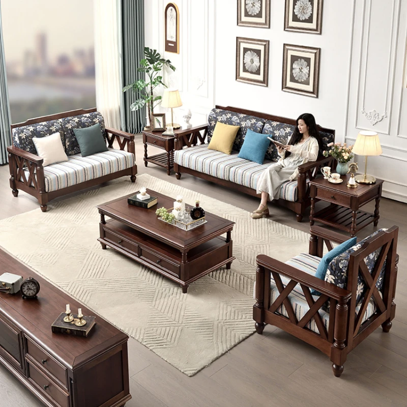 

Диван из массива дерева в стиле Xiaomei, тканевая комбинированная мебель для маленькой квартиры, гостиной в стиле ретро, деревенский орех