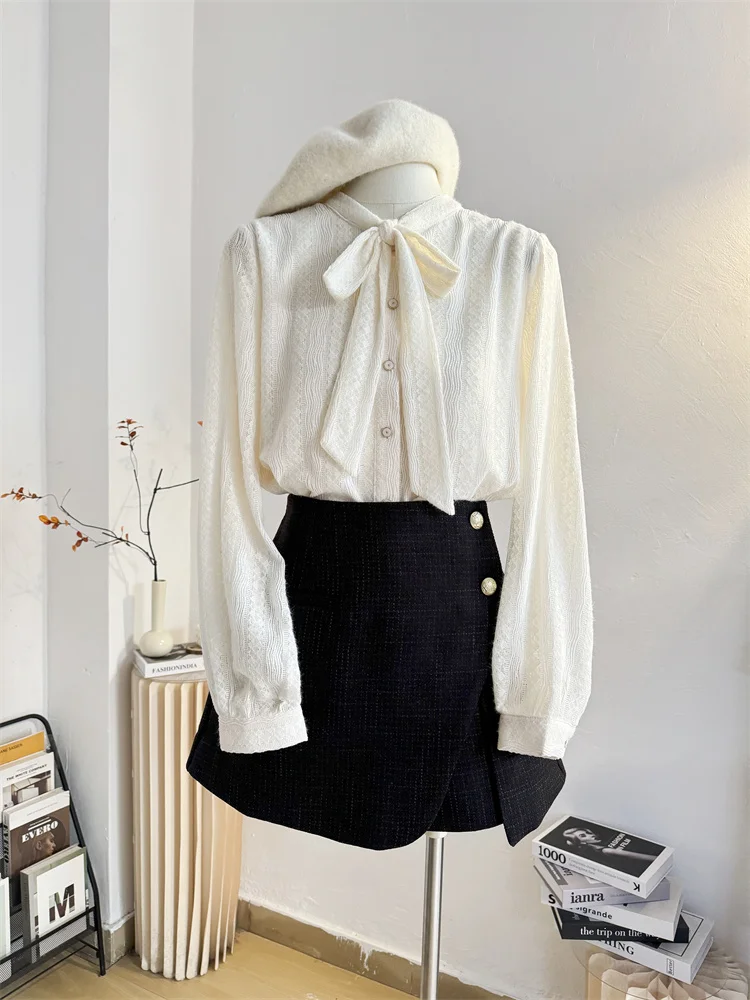 Кружевная рубашка с бантом на шнуровке Рубашки длинными рукавами Женские