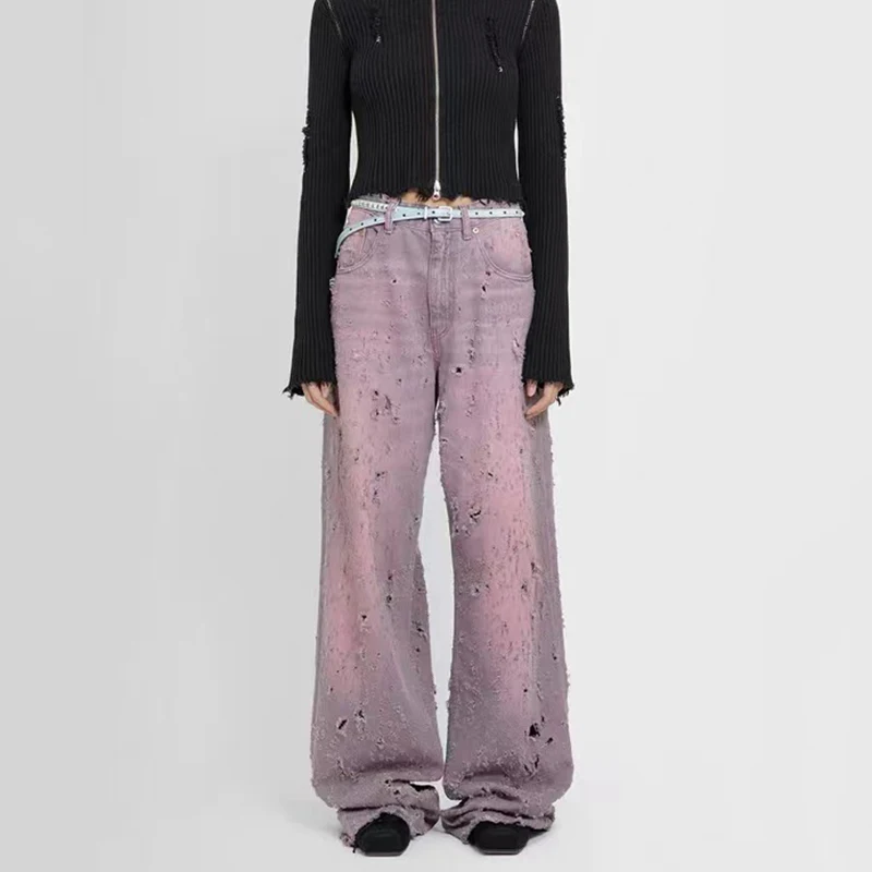 

Washed surrendered light hole-punching jeans 2023 summer new y2k crumbling old wide-legged pants fashion versatile ladies pants
