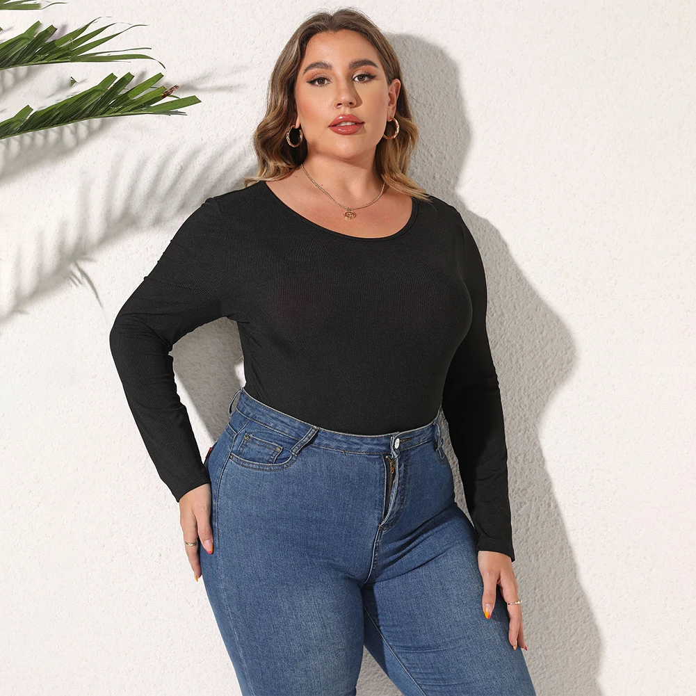 Women Plus Size O-Neck Rib-knit Bodysuit Casual Long Sleeve Bodycon Body Top Slim And Simple Long Sleeve Bottomed Shirt Jumpsuit