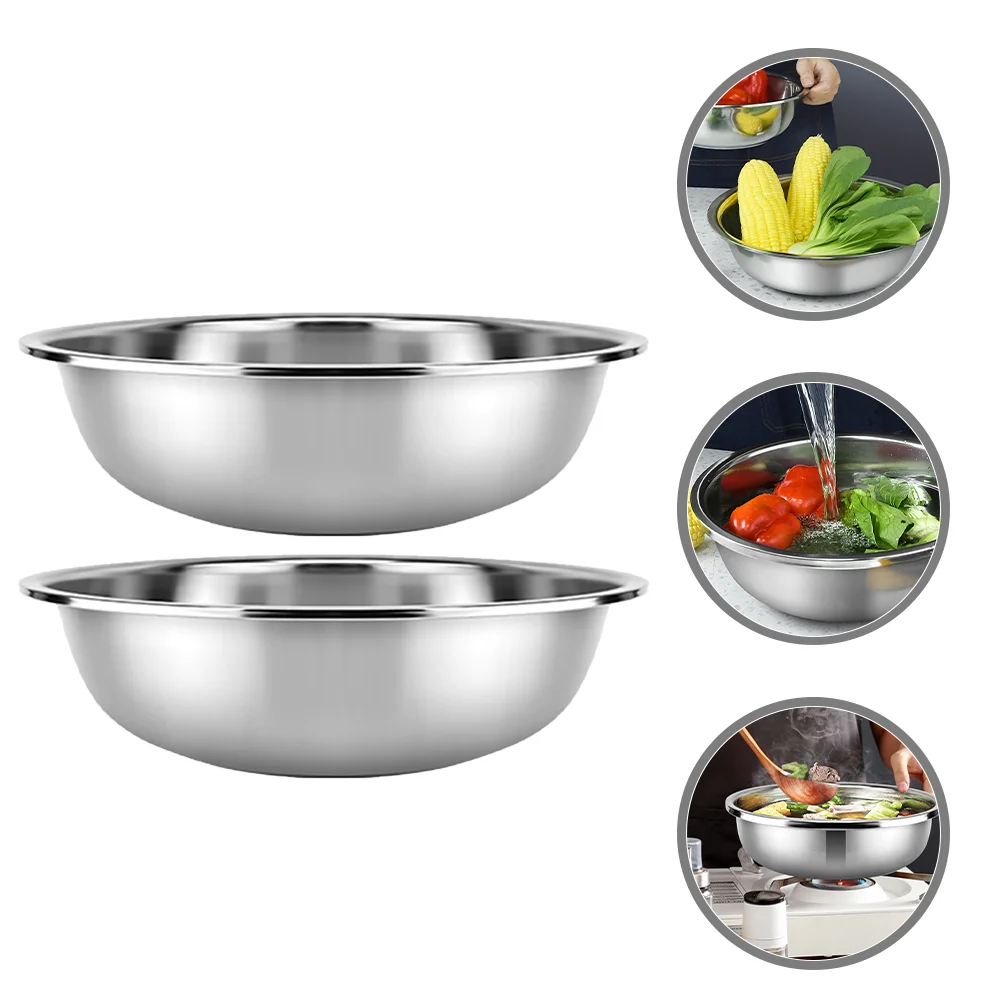 

2 Pcs Stainless Steel Vegetable Basin Mixing Bowls Kitchen Round Large Big Household Washing