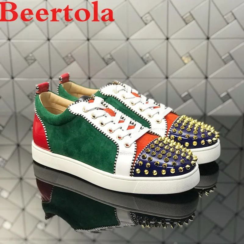 

Beertola Mixed Color Men's Casual Flats Shoes Patchwork Spikes Head Lace Up Flock Luxury Brand Men Shoes Leisure Style Men Shoes