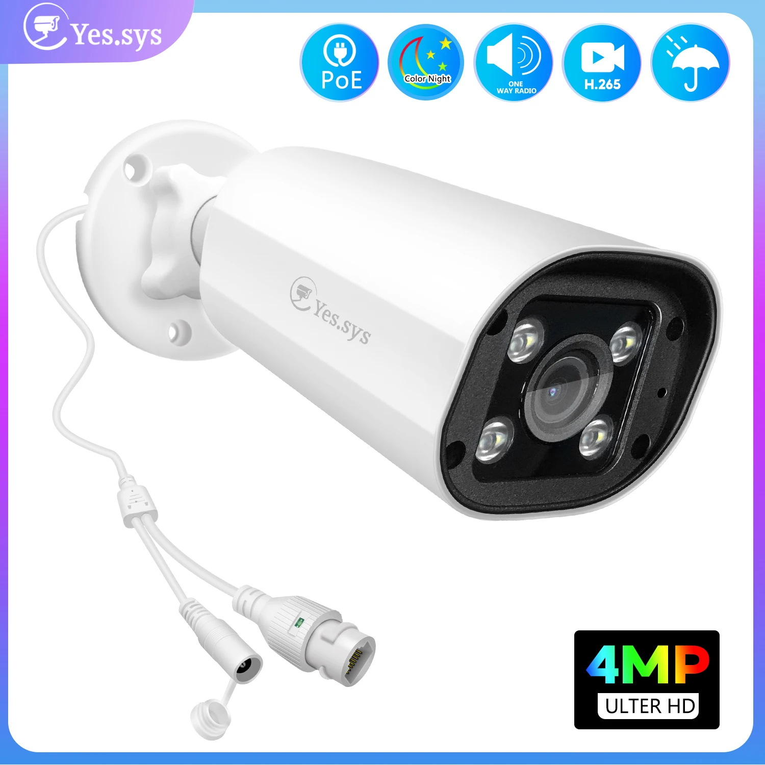 Eyes.sys 4MP IP PoE Aduio Bullet Security Camera, AI Human Body Detection 4 LED Color Night Vision Compatible Hikvision NVR RTSP