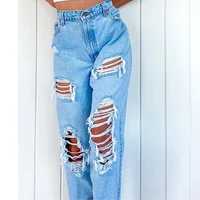 women ripped jeans high waist new straight wide leg jeans loose casual fitting jeans holes thin female fashion denim trousers