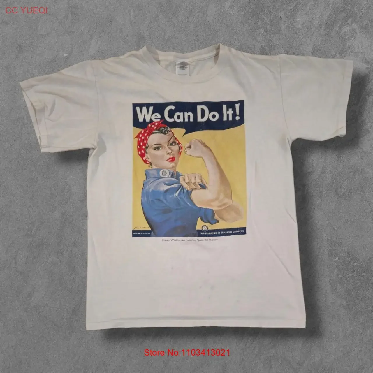 Фото Винтажная футболка We Can Do It Rosie The Riveter Y2K, винтажная потертая, слегка дышащая повседневная дизайнерская одежда среднего размера №1