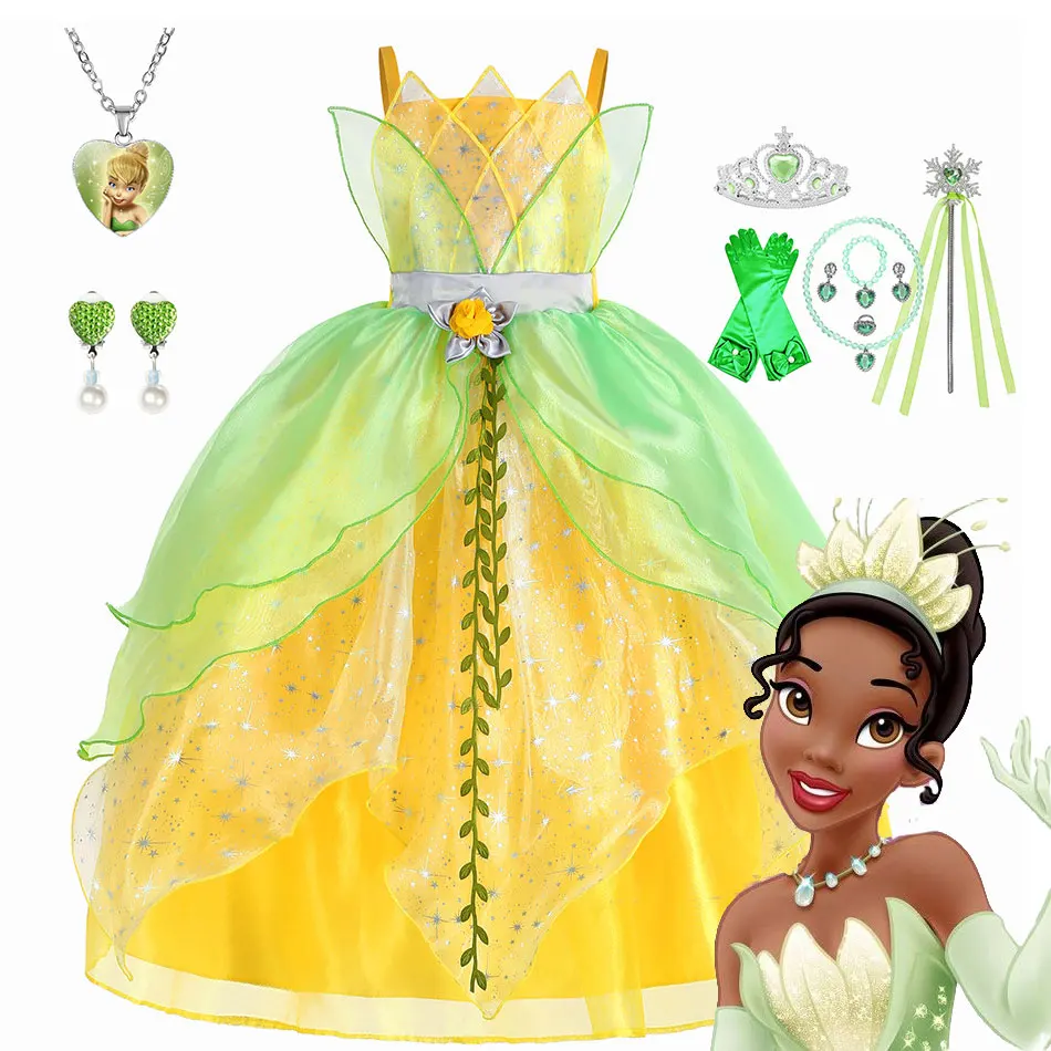 Платье Принцессы Disney Tiana для девочек, костюм принцессы и лягушки для косплея, детский Карнавальный костюм для представлений, бальное платье