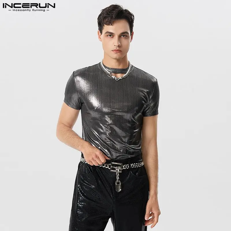 

Stylish Well Fitting Tops INCERUN New Men's Hollowed Shiny Fabric T-shirts Casual Fashionable Male Short Sleeved Camiseta S-5XL