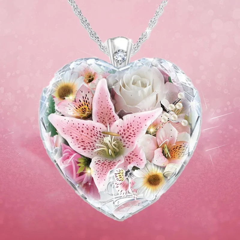 

Fashion Crystal Flower Necklace for Women Heart Shaped Pendant Valentines Day Gift Anniversary Birthday Party Wedding Jewelry