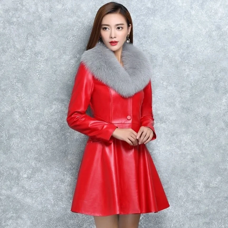 

Women Fuax Fox Fur Collar Winter Coat Female PU Leather Slim Overcoat 2022 New Mid-long Ladies Coats Warm Plush Woman Clothes