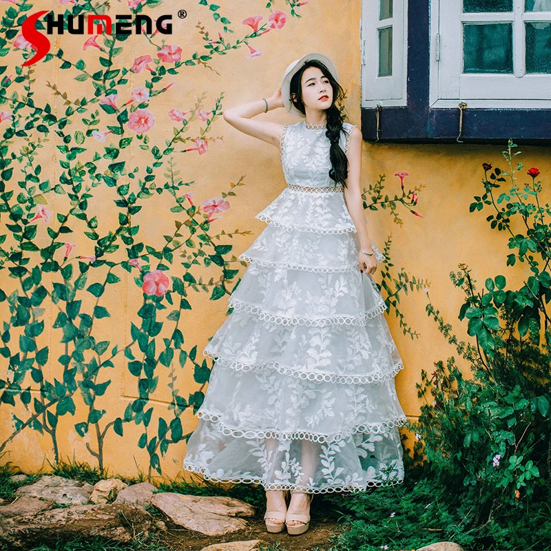 

Maxi Dress Sweet Embroidery Lace Princess Long Tiered-Ruffle Dress Female Summer Fairy High Waist Puffy Sleeveless Dress