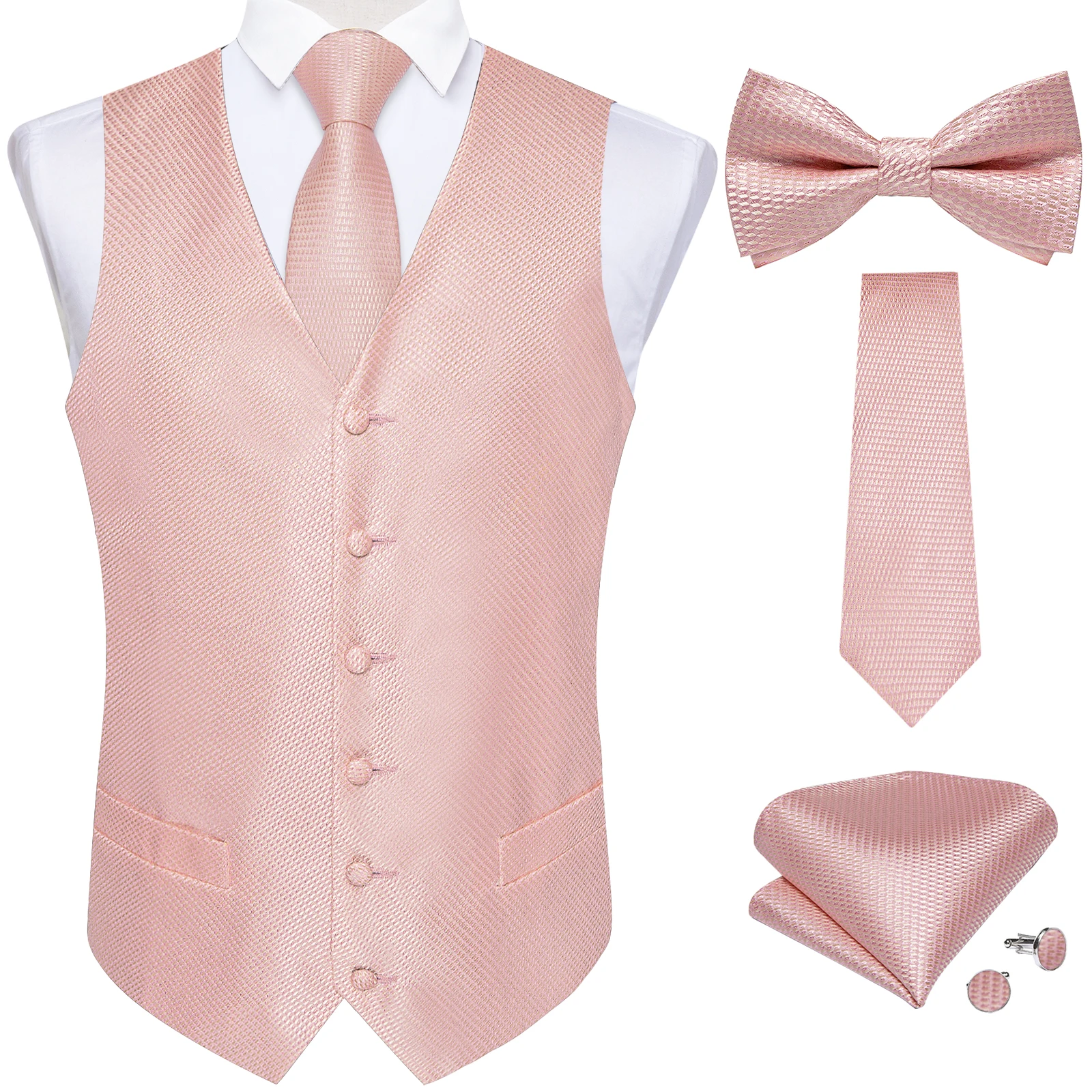 Brand Fashion Pink Suit Vest Tie Set For Men Groom Silk Dress Vest for Wedding Banquet Party Man Waistcoat Necktie Bowtie Set