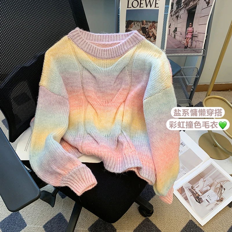 

Rainbow Gradient Sweater Autumn New Preppy Style Loose Lazy Knit Cardigan Short Top Soft Glutinous Long Sleeved Pullover