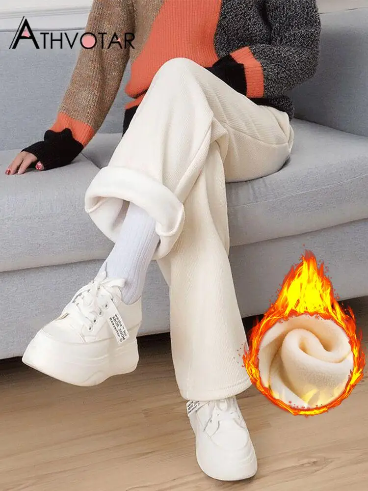 

Штаны ATHVOTAR женские зимние с широкими штанинами, утепленные однотонные свободные тонкие прямые повседневные трикотажные леггинсы с высокой талией