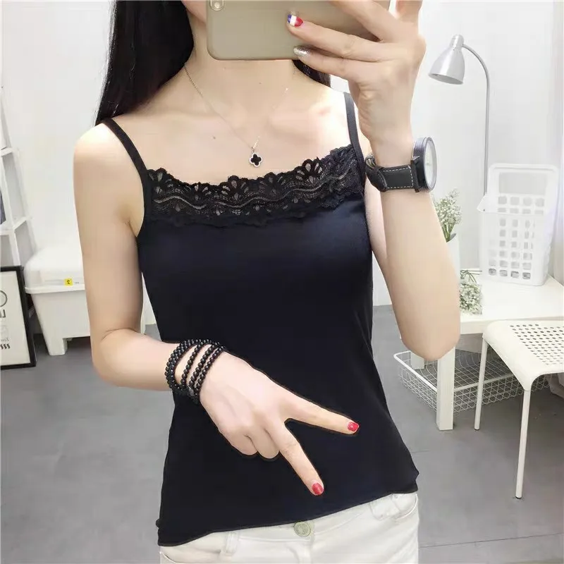 

Lace Top Camisole Undershirt Solid White Black Ice Silk Polyester Singlet Women Sexy Cami Tank Clothes Korean Fashion 2022 New