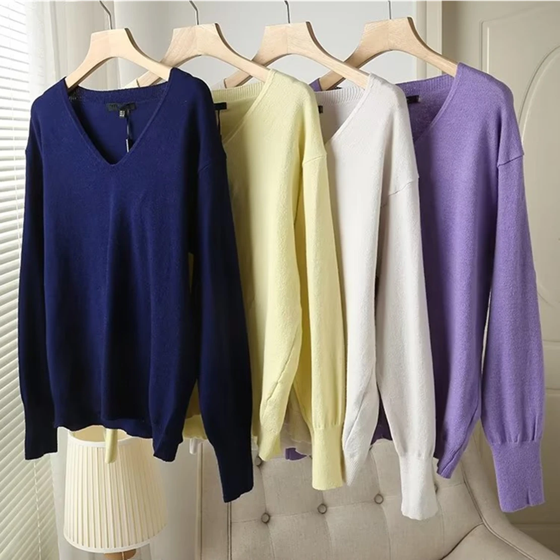 

Withered Fashion V-neck Knitwear Casual Sweaters Women Tops Multicolor Solid Simple Pullovers