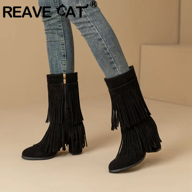 

REAVE CAT Ladies Mid Calf Boots Flock Suede Round Toe Block Heels 7.5cm Zipper Tassels Plus Size 48 49 50 Fashion Dating Booty