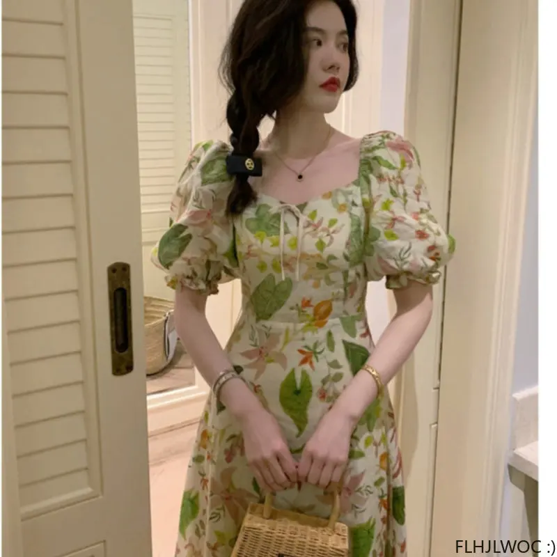 

Длинные шифоновые красивые платья летние женские платья Flhjlwoc в корейском японском стиле праздничное зеленое винтажное шикарное платье в стиле ретро с цветочным принтом