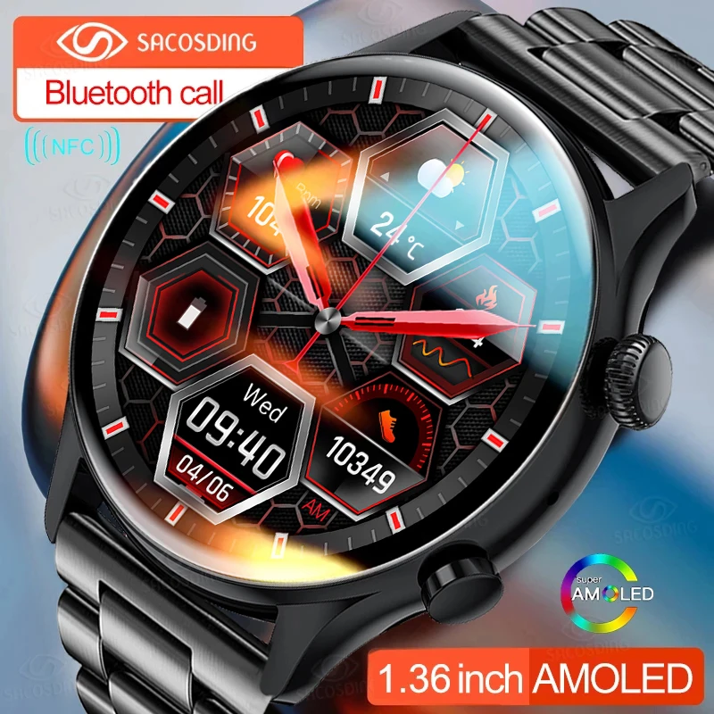 

Новинка 2023, умные часы, мужские Смарт-часы с AMOLED экраном, всегда отображают время, звонки по Bluetooth, спортивные водонепроницаемые часы для Huawei
