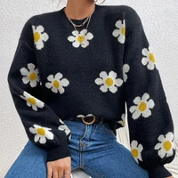 fashion 2022 floral print lantern sleeve women sweater knitted loose o neck female chic pullover autumn winter jumper knitwear