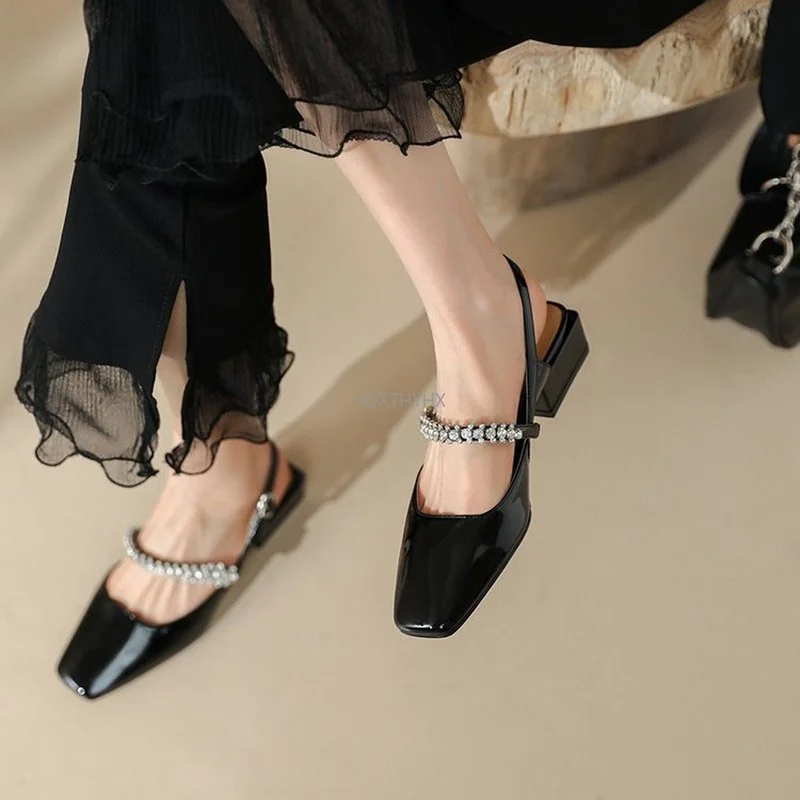 

Luxury Crystal Chunky Mary Jane Lolita Sandals Fad Summer 2022 New Shoes Dress Party Slippers Square Toe Slides Women Sandals